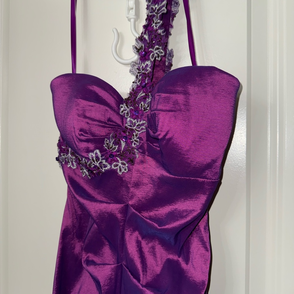 Stunning iridescent purple satin gown with beautiful beadwork, mermaid style